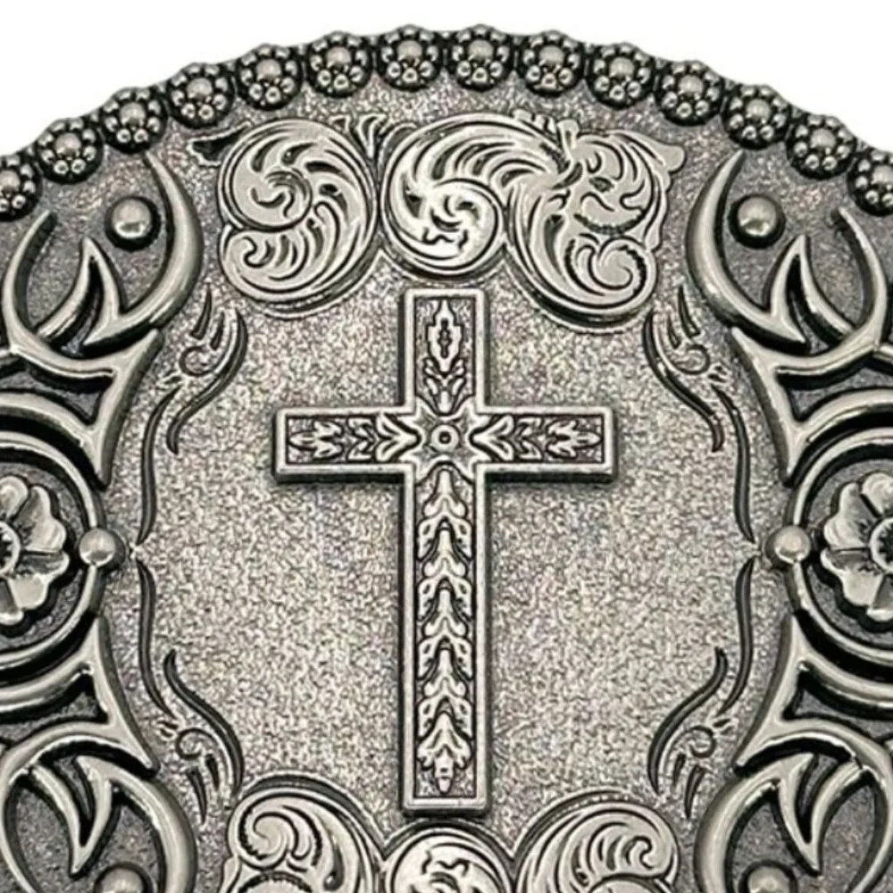 Etched Cross Silver Tone Oval Western Belt Buckle NWT